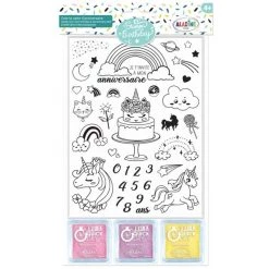 Tout neuf 🎁 Aladine Kit Tampon Tampons Stampo Enfant - Anniversaire Licorne - 34 Tampons + 3 Encreurs ❤️